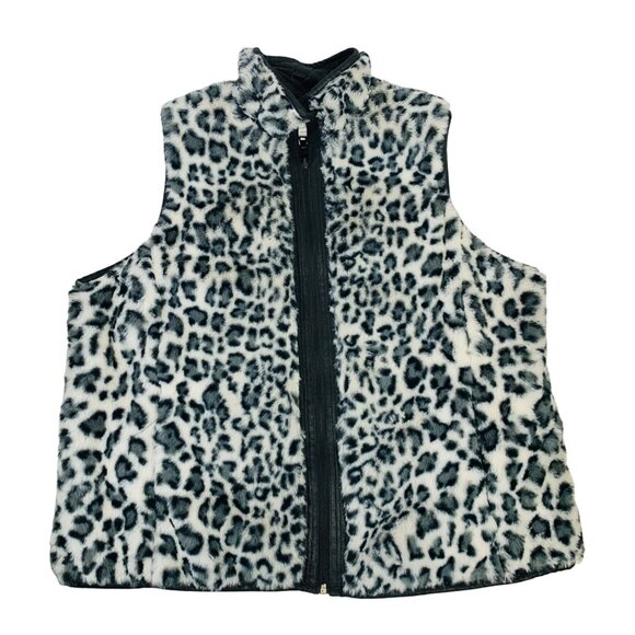 Reversible Leopard Zip Vest Faux Fur Size L Black Quilted Trendy Cozy Layering - Picture 10 of 11